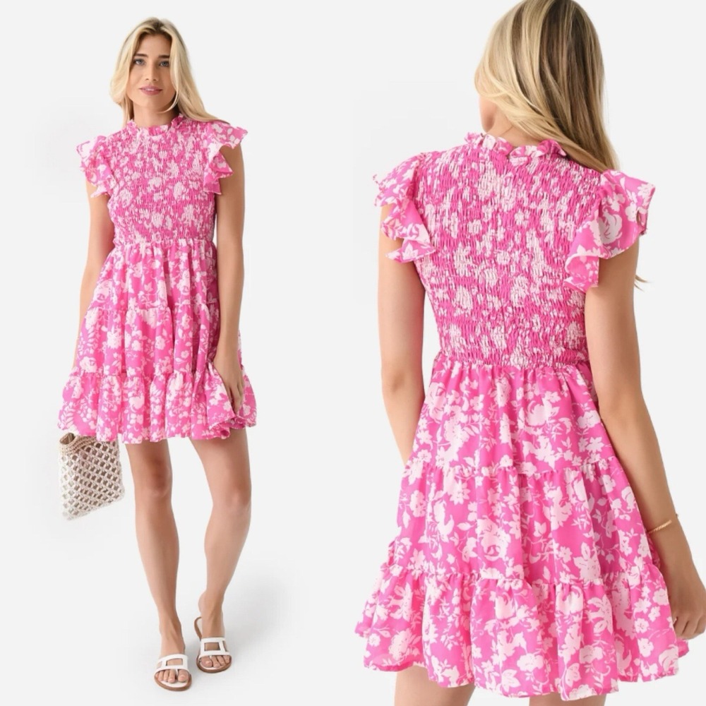 J. Marie Fleur Ruched Dress Flutter Sleeve Smocked Bodice Preppy Floral Pink XS